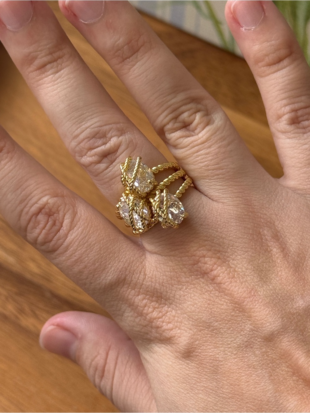 Gold Tone Wrap Cluster Ring Clear Marquise CZ Prong Size 6.5